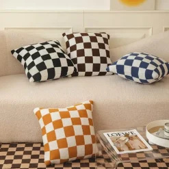 Karierte Flockkissenhülle - Schwarz Orange Grün Dekokissen