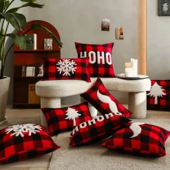 Karierte Weihnachtskissenbezüge - Rote und schwarze bestickte Kissenbezüge