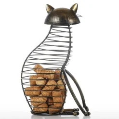 Katzenfiguren aus Metall im Korkbehälter – Dekorative Kunst-Sammlerstücke