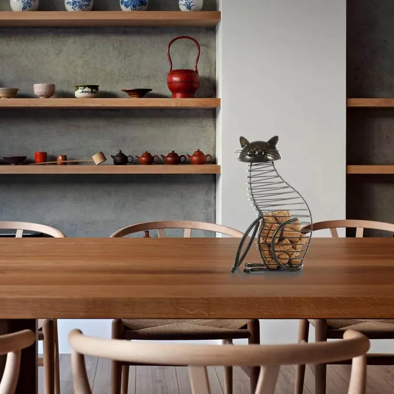 Katzenfiguren aus Metall im Korkbehälter – Dekorative Kunst-Sammlerstücke