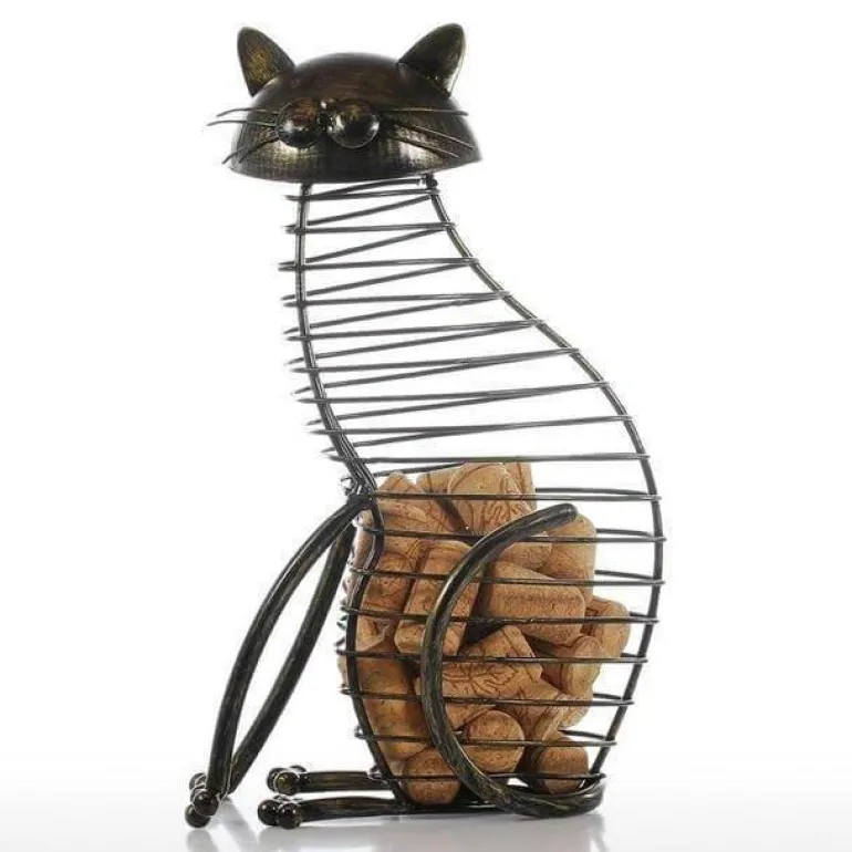 Katzenfiguren aus Metall im Korkbehälter – Dekorative Kunst-Sammlerstücke