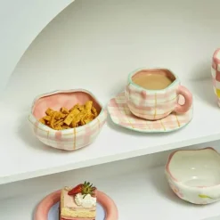 Kawaii Blumen Keramik Tassen Set mit Löffelschale - Süße Kaffeetassen