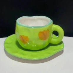 Kawaii Blumen Keramik Tassen Set mit Löffelschale - Süße Kaffeetassen