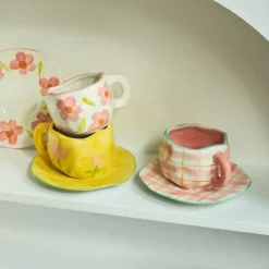 Kawaii Blumen Keramik Tassen Set mit Löffelschale - Süße Kaffeetassen