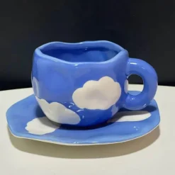 Kawaii Blumen Keramik Tassen Set mit Löffelschale - Süße Kaffeetassen