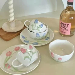 Keramik Rosa Tulpe Teetasse Kuchenteller - Küchenzubehör-Set