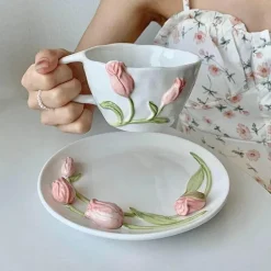 Keramik Rosa Tulpe Teetasse Kuchenteller - Küchenzubehör-Set