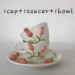 Keramik Rosa Tulpe Teetasse Kuchenteller - Küchenzubehör-Set