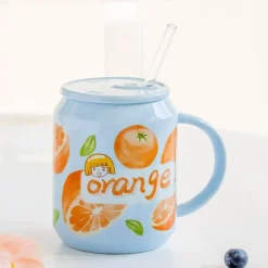 Keramikbecher in Fruchtform mit Strohhalmdeckel – süßes koreanisches Design