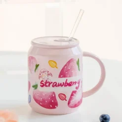 Keramikbecher in Fruchtform mit Strohhalmdeckel – süßes koreanisches Design