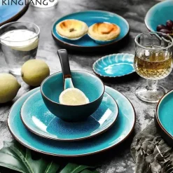 Keramik-Geschirrset – Blaues Eis-Knisterglasur-Design