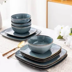 Keramik-Geschirrset für 4 - 12 Stück, handbemalte quadratische Teller und Schüsseln