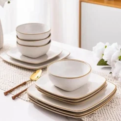 Keramik-Geschirrset für 4 - 12 Stück, handbemalte quadratische Teller und Schüsseln