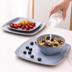 Keramik-Geschirrset für 4 - 12 Stück, handbemalte quadratische Teller und Schüsseln