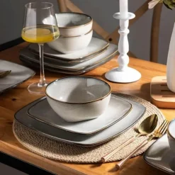 Keramik-Geschirrset für 4 - 12 Stück, handbemalte quadratische Teller und Schüsseln