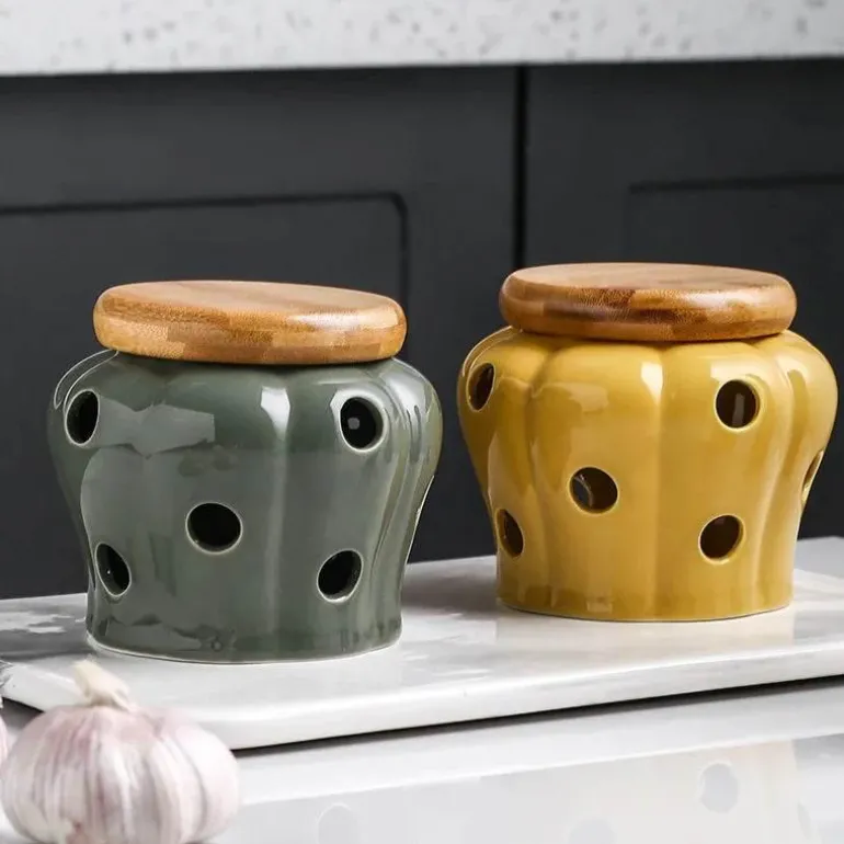 Keramik-Knoblauchbehälter mit Deckel – hohles, durchbrochenes Vorratsglas für frischen Knoblauch
