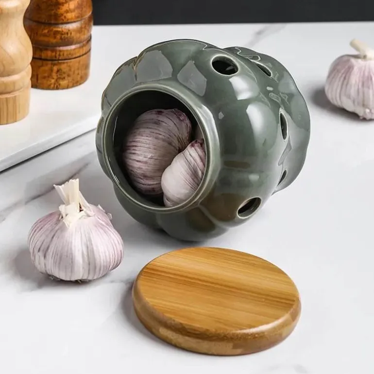 Keramik-Knoblauchbehälter mit Deckel – hohles, durchbrochenes Vorratsglas für frischen Knoblauch