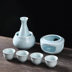 Keramik-Sake-Set mit Wärmer, 4 passenden Tassen – elegantes japanisches Trinkgeschirr