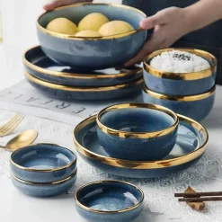 Keramikschalen-Set mit blauem Farbverlauf – elegante Ess- und Dessertteller