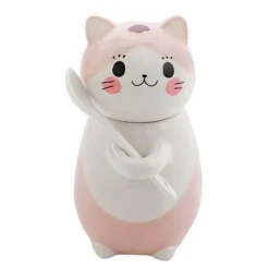 Keramiktasse mit Glückskatze und Löffel – süße Kaffeetasse