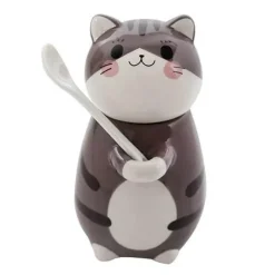 Keramiktasse mit Glückskatze und Löffel – süße Kaffeetasse