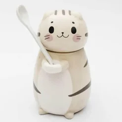 Keramiktasse mit Glückskatze und Löffel – süße Kaffeetasse