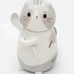 Keramiktasse mit Glückskatze und Löffel – süße Kaffeetasse