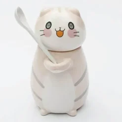 Keramiktasse mit Glückskatze und Löffel – süße Kaffeetasse