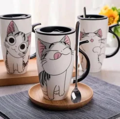 Keramiktasse mit Katzenmotiv und Deckel – 600 ml Kaffee- und Teetasse aus Porzellan