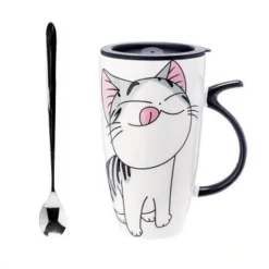 Keramiktasse mit Katzenmotiv und Deckel – 600 ml Kaffee- und Teetasse aus Porzellan