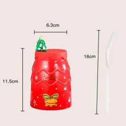 Keramiktasse mit Weihnachtsbaummotiv, mit Deckel und Strohhalm, festliches Weihnachtsgeschenk