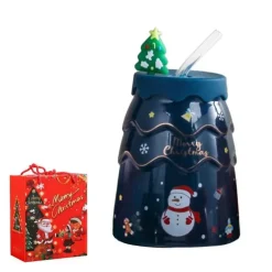 Keramiktasse mit Weihnachtsbaummotiv, mit Deckel und Strohhalm, festliches Weihnachtsgeschenk