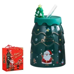 Keramiktasse mit Weihnachtsbaummotiv, mit Deckel und Strohhalm, festliches Weihnachtsgeschenk