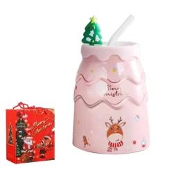 Keramiktasse mit Weihnachtsbaummotiv, mit Deckel und Strohhalm, festliches Weihnachtsgeschenk