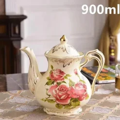 Keramik-Teeservice – Teekanne, Tassen, Untertassen, Löffel