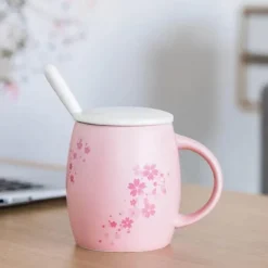 Kirschblüten-Tassen-Set – Keramik-Kaffeetasse mit Deckellöffel
