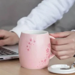 Kirschblüten-Tassen-Set – Keramik-Kaffeetasse mit Deckellöffel