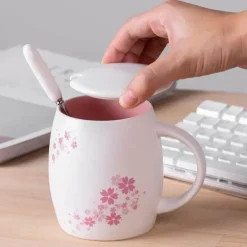 Kirschblüten-Tassen-Set – Keramik-Kaffeetasse mit Deckellöffel