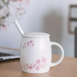 Kirschblüten-Tassen-Set – Keramik-Kaffeetasse mit Deckellöffel