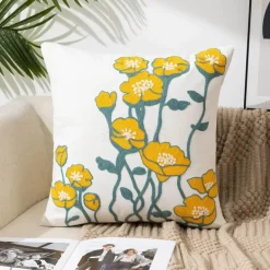 Kissenbezug mit Blumenstickerei - Baumwoll-Canvas-Heimdekor