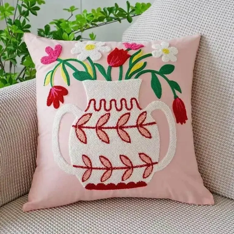 Kissenbezug mit Blumenstickerei - Baumwoll-Canvas-Heimdekor