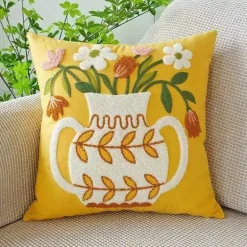 Kissenbezug mit Blumenstickerei - Baumwoll-Canvas-Heimdekor