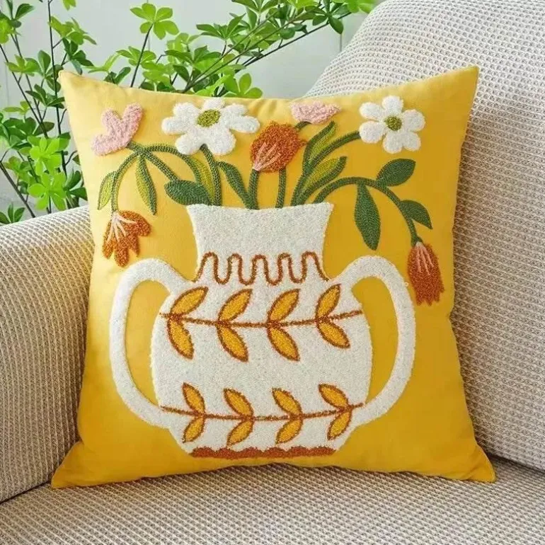 Kissenbezug mit Blumenstickerei - Baumwoll-Canvas-Heimdekor