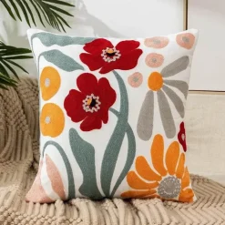 Kissenbezug mit Blumenstickerei - Baumwoll-Canvas-Heimdekor