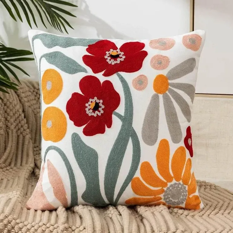 Kissenbezug mit Blumenstickerei - Baumwoll-Canvas-Heimdekor