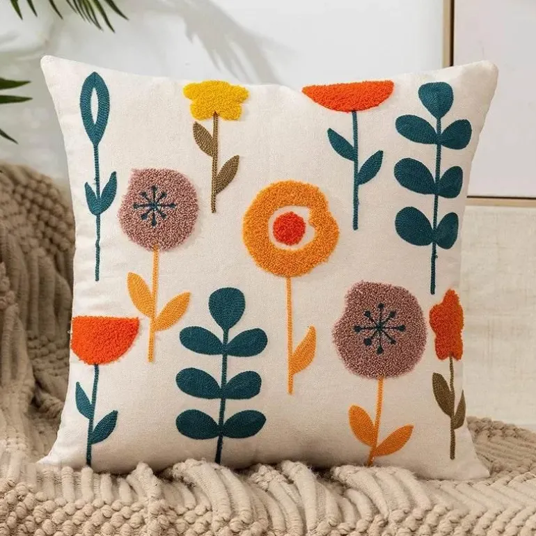 Kissenbezug mit Blumenstickerei - Baumwoll-Canvas-Heimdekor
