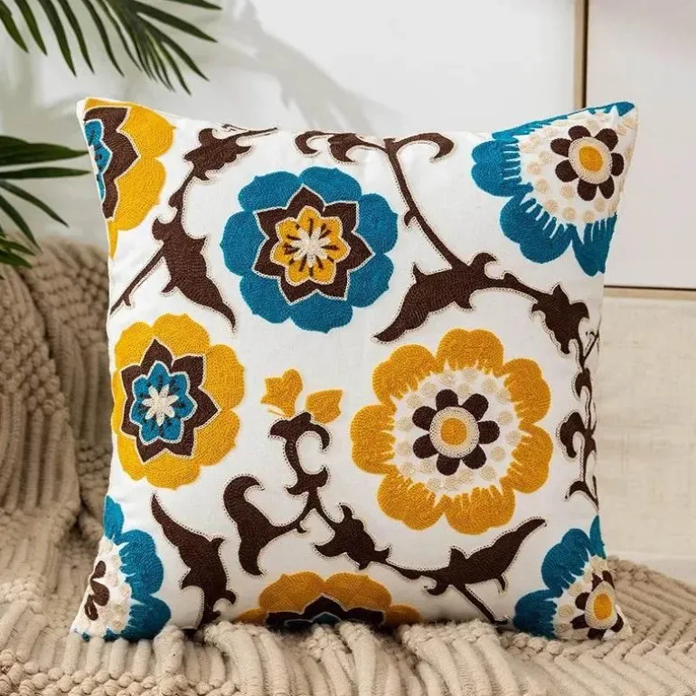 Kissenbezug mit Blumenstickerei - Baumwoll-Canvas-Heimdekor