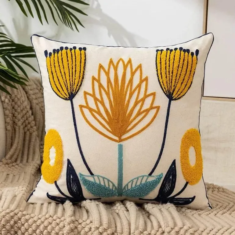 Kissenbezug mit Blumenstickerei - Baumwoll-Canvas-Heimdekor