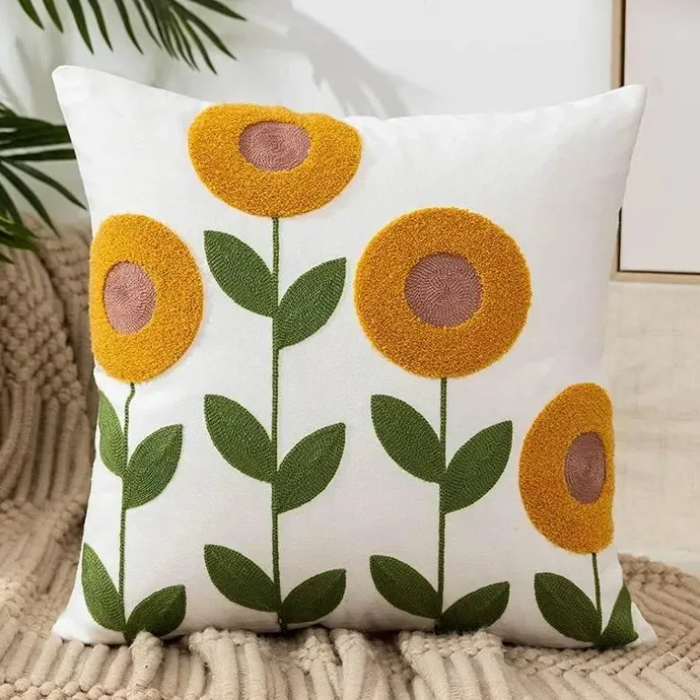 Kissenbezug mit Blumenstickerei - Baumwoll-Canvas-Heimdekor
