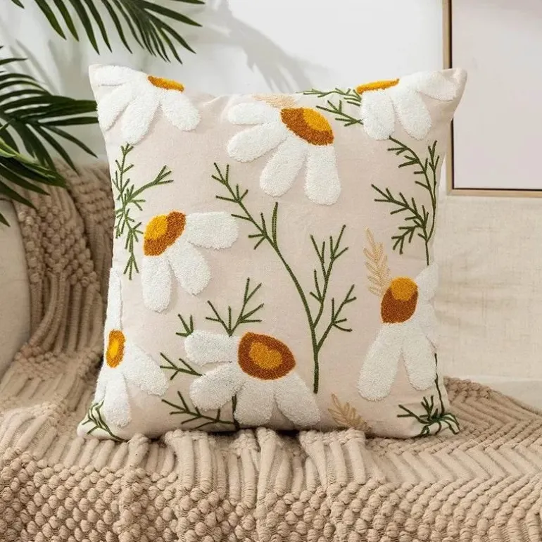 Kissenbezug mit Blumenstickerei - Baumwoll-Canvas-Heimdekor